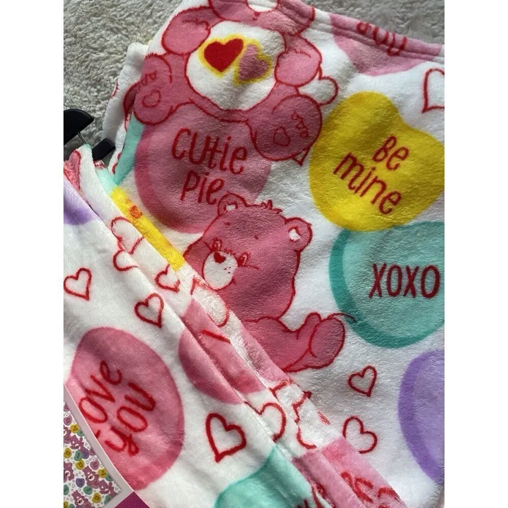 Care Bears Love A Lot Bear Throw Blanket 50 X 70” Conversation Hearts Valentines
